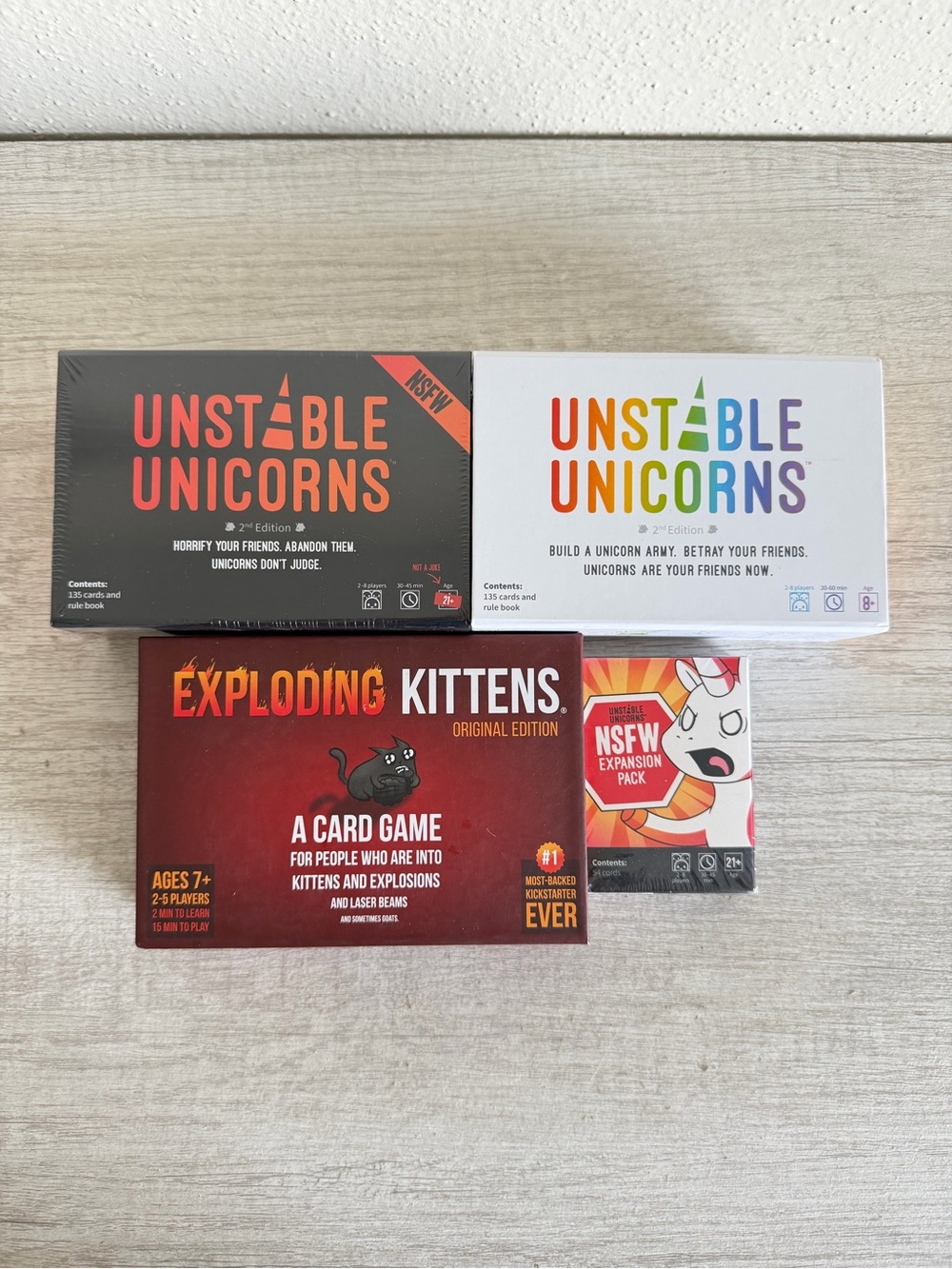 Exploding Kittens & Unstable Unicorns 2nd Ed + NSFW Expansion Card Game Lot